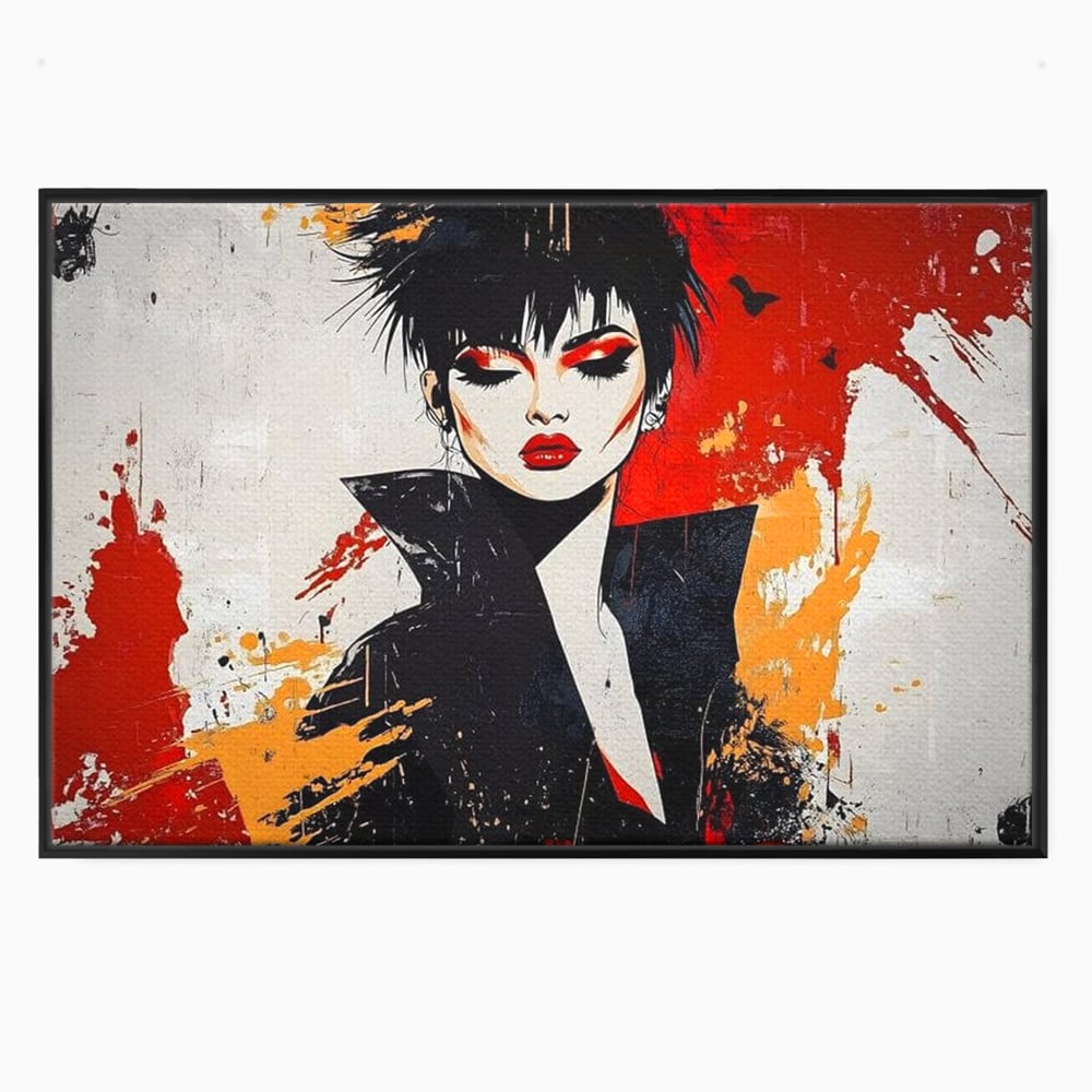 Tablou canvas cu ilustratie digitala cu portret de femeie in stil punk, in rama de aluminiu negru